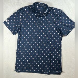G/FORE XL Blue Polo Skull Logo All Over Print Golf Performance Shirt C10